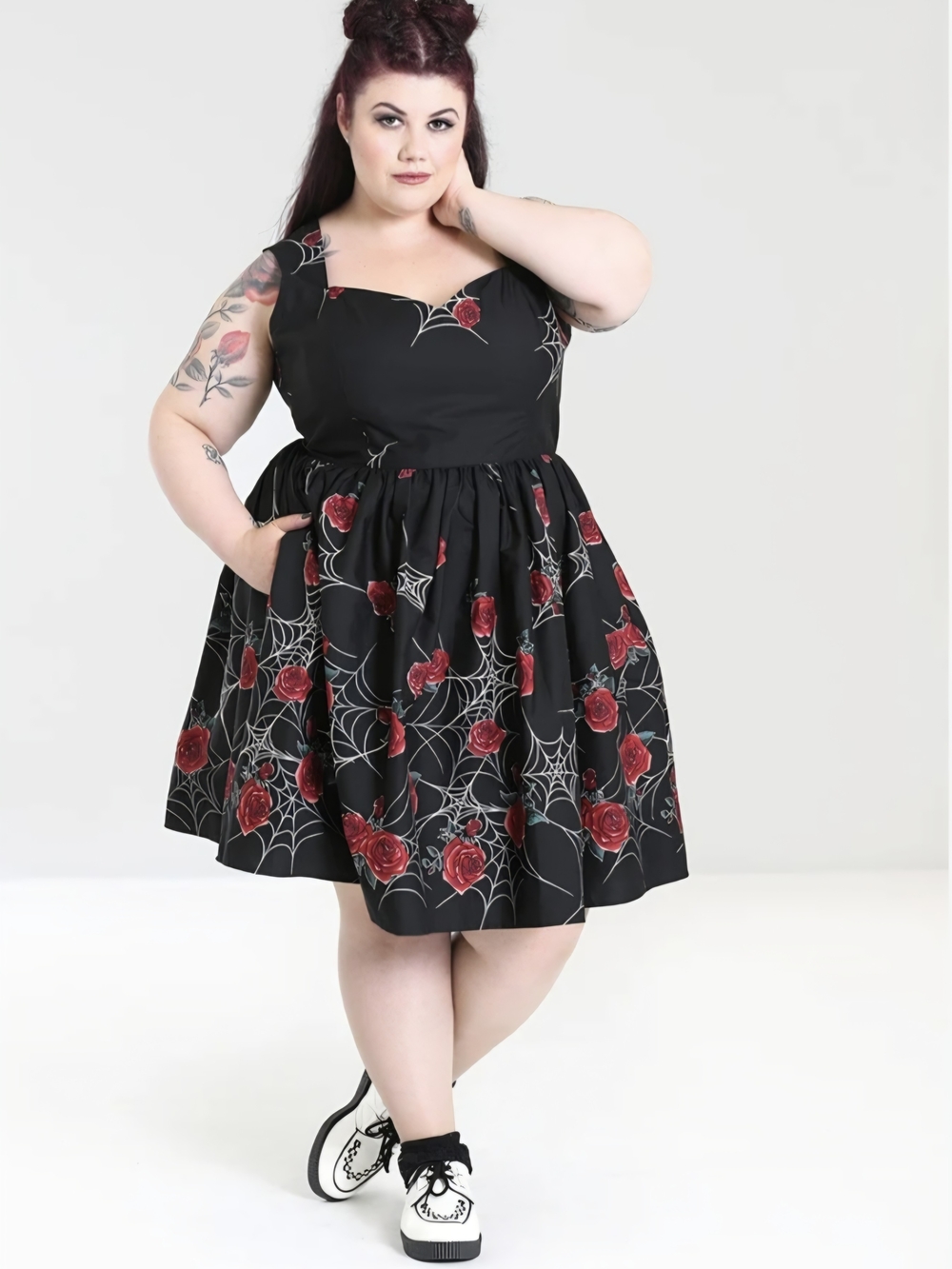 Hell Bunny Sabrina Black Rose & Spiderweb Fit-and-Flare Dress